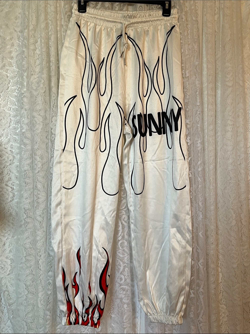 White Satin Flame Graphic Joggers